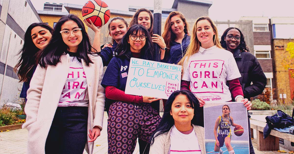 A group of students wearing This Girl Can campaign t-shirts, someone in the middle is holding a basketball